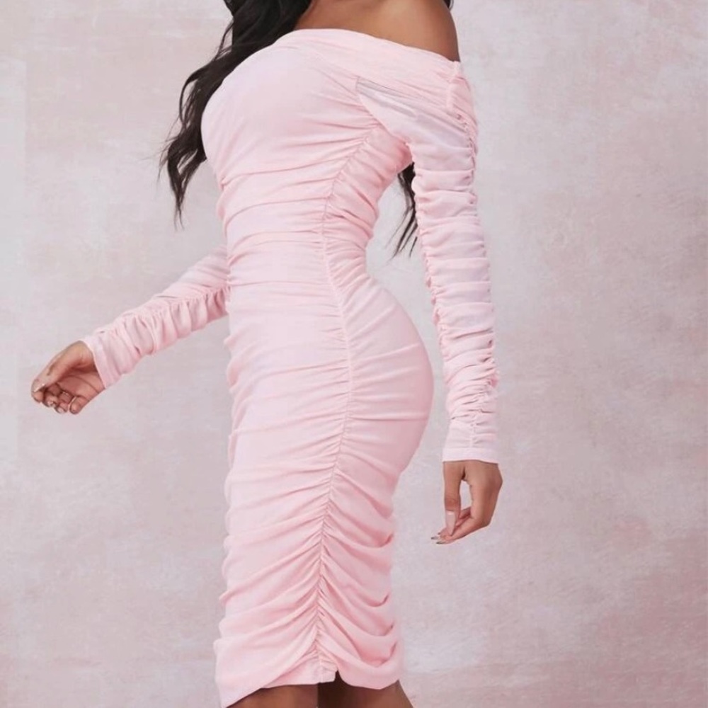 Off Shoulder Ruched Mesh Bodycon Dress - Picture 2 of 4